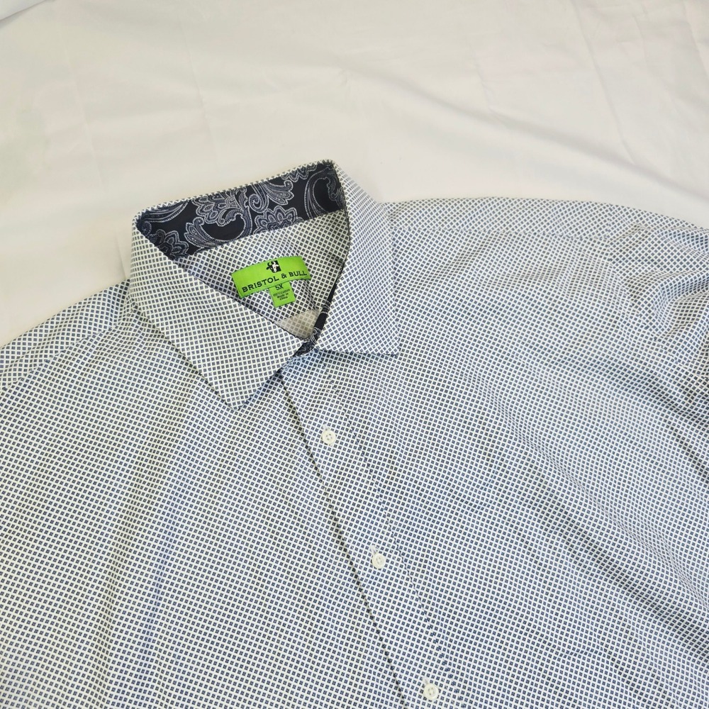 Bristol & Bull Men 5XL Button Up Shirt White Blue Geometric Long Sleeve Paisley